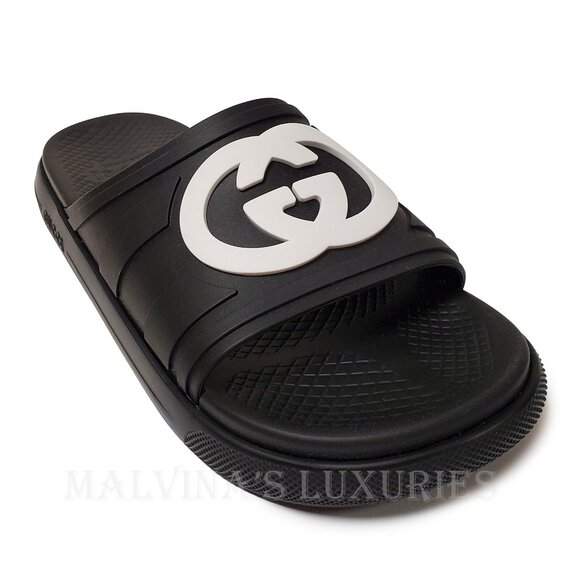 GUCCI SHOES MEN WHITE INTERLOCKING G LOGO BLACK RUBBER SLIDES sz 9 / 9.5 - Picture 9 of 15
